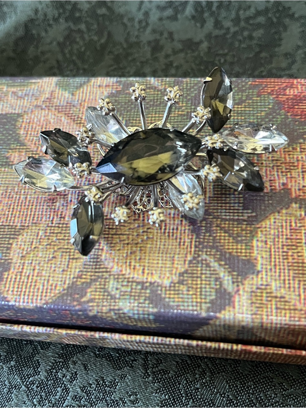 Vintage Smoke & Clear Rhinestone Brooch Silver Tone Mid Century Hollywood Glam
